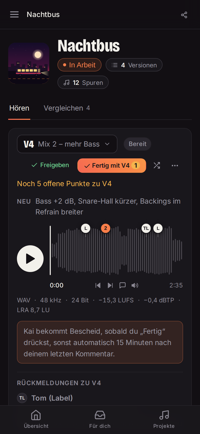 Der Track Nachtbus am Handy: V4 mit Wellenform, Kommentaren und Knöpfen zum Freigeben